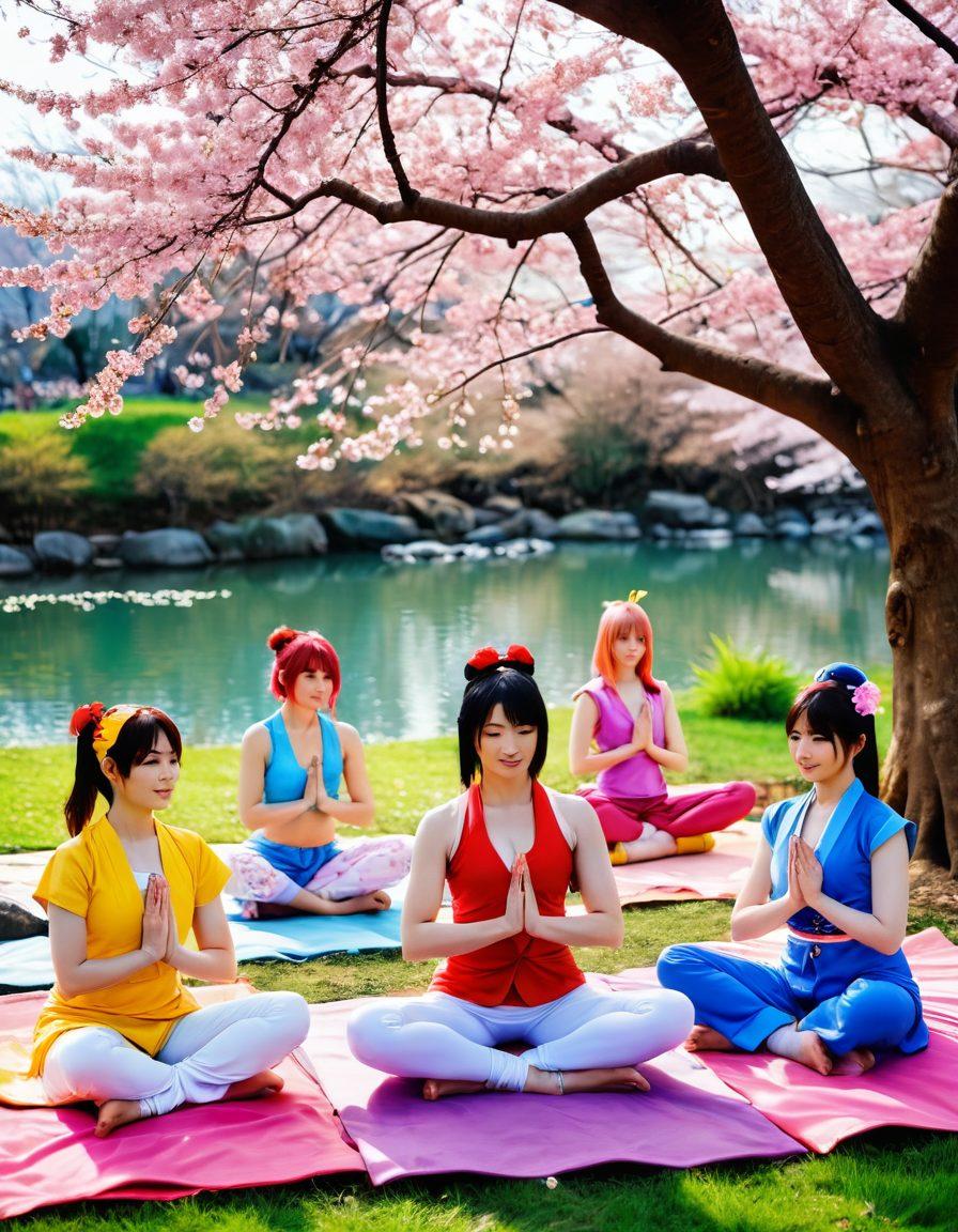 A vibrant scene depicting a diverse group of cosplayers in colorful, intricate costumes engaging in wellness activities like yoga and meditation in a park. The background features blooming cherry blossom trees and anime-inspired decorations. Include elements of Japanese culture, like lanterns and tea sets, to emphasize the theme of health and wellness through anime. super-realistic. vibrant colors. cheerful atmosphere.