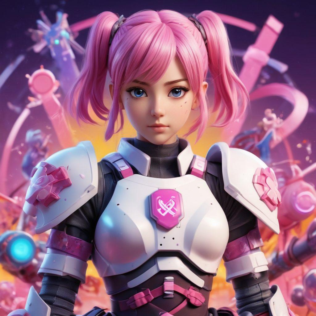 A vibrant and dynamic illustration showcasing an anime character in a battle armor inspired by oncology themes, surrounded by colorful gaming elements and cosplay accessories. The background features a blend of cancer awareness ribbons intertwined with gaming symbols, creating a fusion of cultures. Bright, engaging colors and a sense of action should dominate the scene to reflect the energy of both anime and gaming. Capture the essence of community and awareness in a whimsical, artistic style. super-realistic. vibrant colors. 3D.