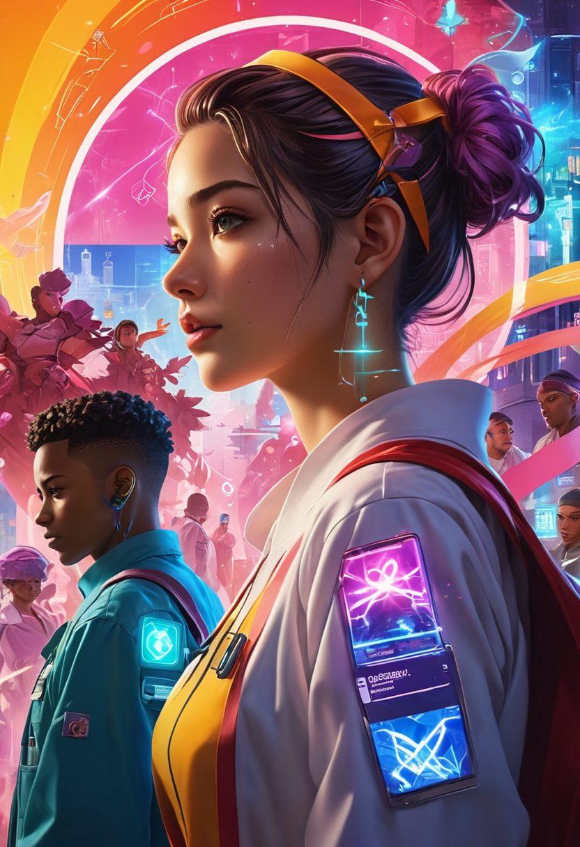 A dynamic collage featuring diverse anime characters and game avatars engaging in a passionate discussion at a hospital setting, with oncology symbols like ribbon motifs around them. Include a glowing aura around the characters to symbolize hope and change, with vibrant colors to convey energy and optimism. The background shows a blend of a hospital and a game world, merging both realities. super-realistic. vibrant colors. cyberpunk.